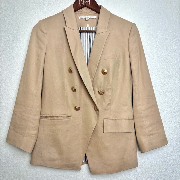 Veronica Beard Empire Miller Dickey Linen Blazer Jacket Tan Khaki Gold Buttons 4 - Picture 6 of 10